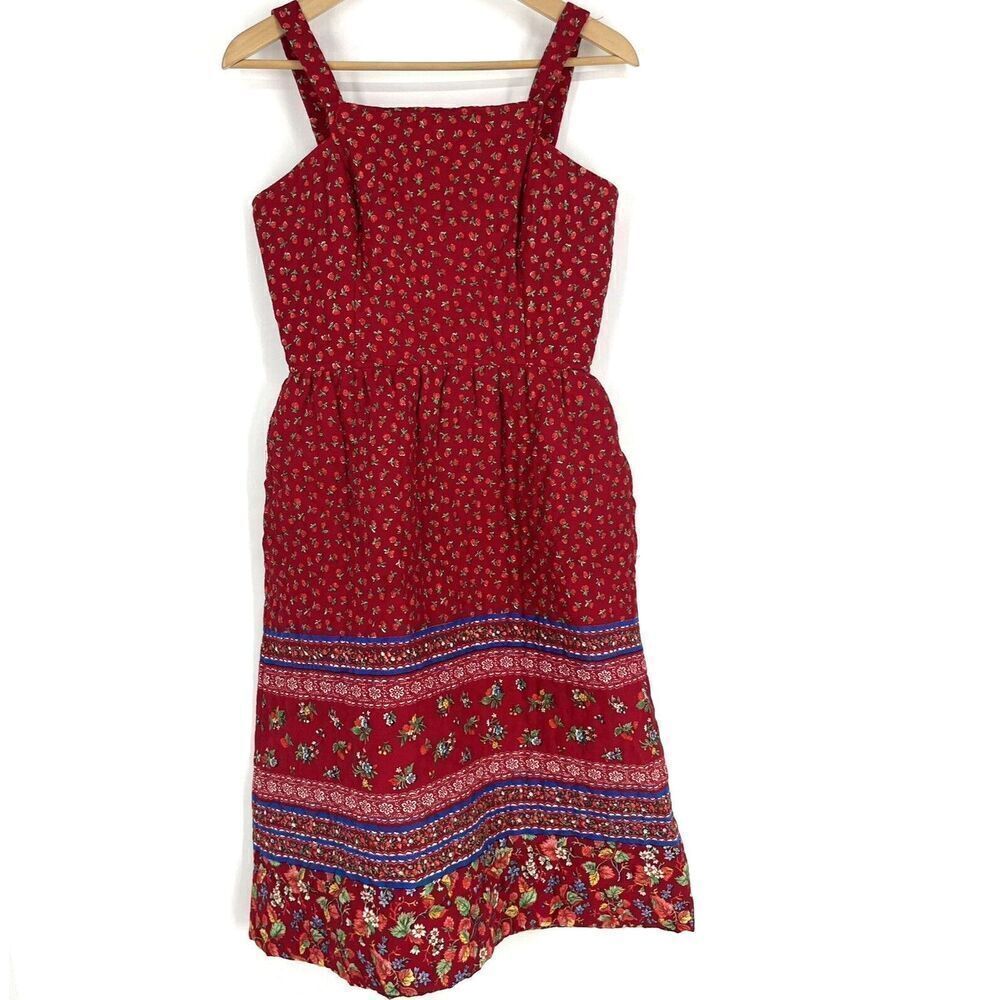 Lanz Dress Size 9/10 Womens Red Quilted Floral Vintage Cottagecore Prairie Midi